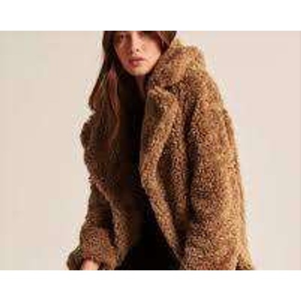 Abercrombie & Fitch Brown Teddy Women Coat Sherpa Faux Fur Longline Jacket XL - Picture 2 of 7